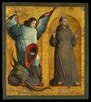 Saints Michael and Francis ca. 15059 Juan de Flandes Netherlandish This pan.. Stock Photos