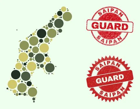 Saipan Island Map Composition with Camo Military Circle Elements with Scratched Stock Illustration