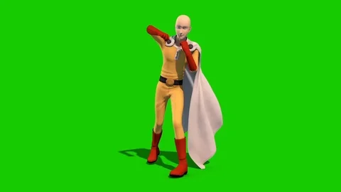 Saitama One Punch Man Attacks Front Green Screen 3D Rendering Animations Stock Footage 86688385