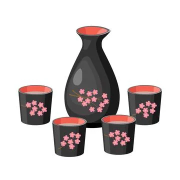 Sake bottle flasks painted with sakura. Black decorated bottles with sake, rice Stock Illustration