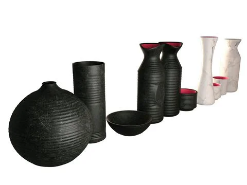 Sake bottle set isolated white background.3D rendering Stock Illustration