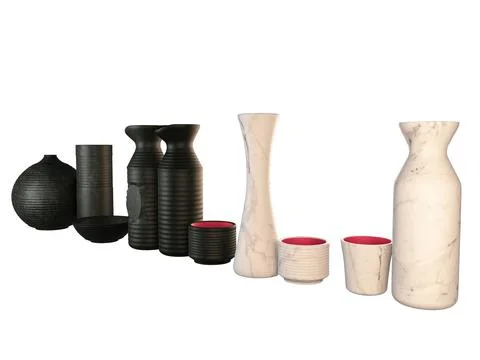 Sake bottle set isolated white background.3D rendering Stock Illustration
