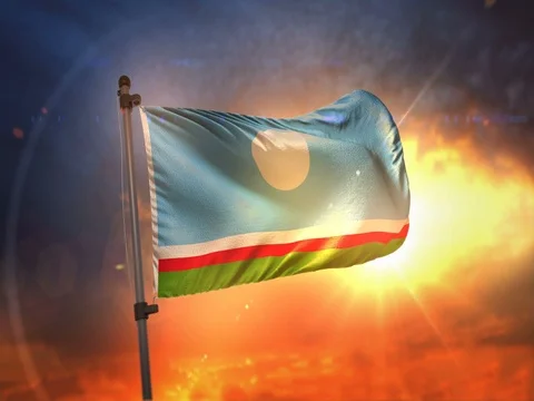 Sakha Republic Flag Backlit At Beautiful Sunrise Loop Slow Motion 4K Stock Footage 76808627