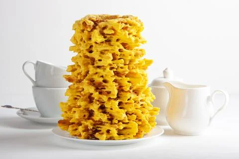 Sakotis Tree Cake with White Tea Set on Light Background Stock Photos