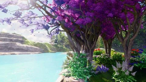 Sakura blooming in spring against the backdrop of mountains and lakes. Travel Stock Illustration