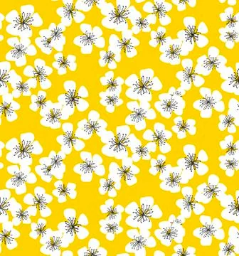 Sakura blossom seamless pattern on sunny yellow background. elegant naive spr Stock Illustration