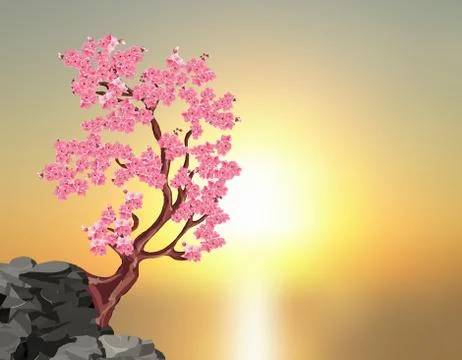 Sakura blossoms. A tree of pink cherry on a stone. Against the background of  Stock Illustration