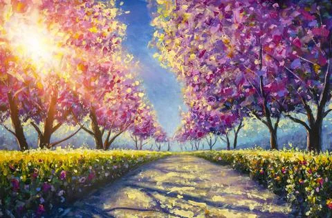 Sakura Cherry blossoming walking path to alley park Oil Painting. Wonderful s イラスト素材