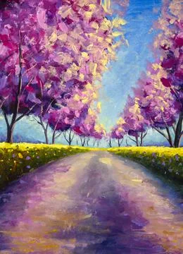 Sakura Cherry blossoming walking path to alley park Oil Painting. Wonderful s Ilustração Stock