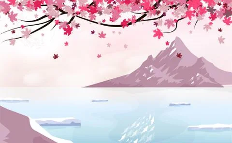 Sakura falling scatter with full moon, landscape with ice mountain Stock Illustration