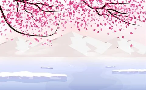 Sakura falling scatter, landscape with ice mountain, season change holiday Stock Illustration
