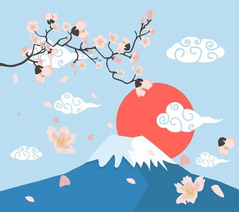 Sakura Flower Branches with Mount Fuji vector Stock Illustration