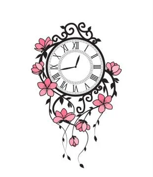 Sakura flowers and clock Stock Illustration