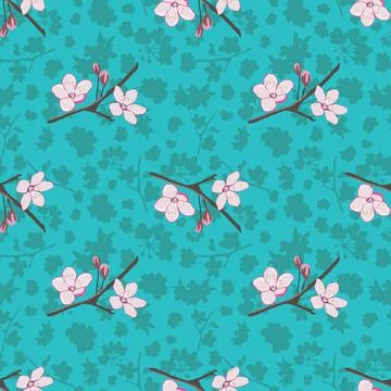 Sakura flowers repeat pattern on turquoise background Stock Illustration
