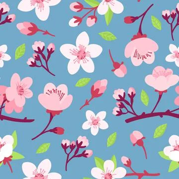 Sakura flowers seamless pattern. Cute cartoon cherry or apricot flower and Illustrazione stock