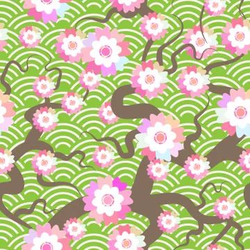 Sakura flowers seamless pattern Nature background with blossom branch of pink Stock Illustration