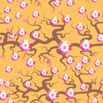 Sakura flowers seamless pattern Nature background with blossom branch of pink Stock Illustration