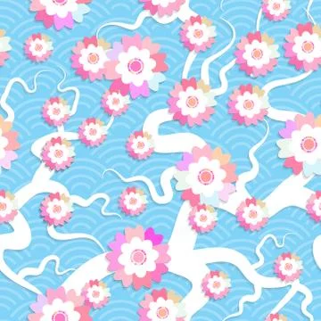 Sakura flowers seamless pattern Nature background with blossom branch of pink Stock Illustration