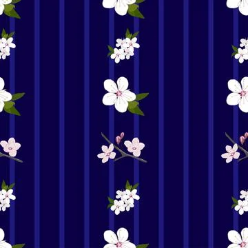 Sakura flowers seamless vector pattern on dark blue striped background Stock Illustration