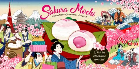 Sakura mochi ads in ukiyo-e style Stock Illustration