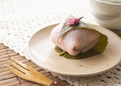 Sakura mochi (cherry flavored soft sweet rice cake) Stock Photos