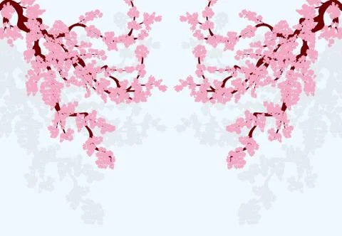Sakura is stylized. Curved branches of a cherry tree with pink flowers and ch Stock Illustration