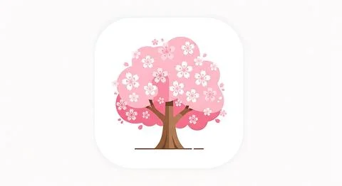 Sakura tree icon in flat style featuring pink cherry blossoms and brown tru.. Stock Illustration