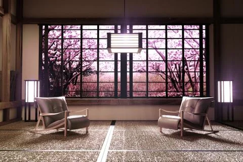 Sakura tree window view in Room interior with ,Zen style. 3D rendering Stock Illustration