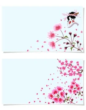Sakura. Two postcards. A branch of a blossoming cherry spring tree with purpl Stock Illustration
