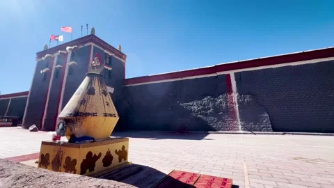 Sakya Monastery Fortress Wall with Large Incense Burner, Sakya, Tibet Stock Footage 328602131
