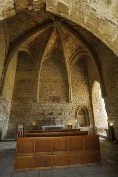 Sala de los musicos- capilla,  castillo de Puivert, siglo XIV, castillo ctaro Stock Photos