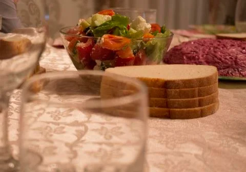 The salad and the table closeup Stock Photos