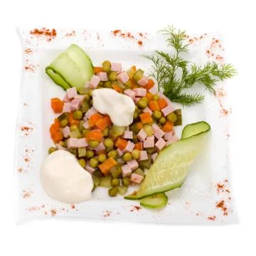 Salad with assorted greens, fried pork, carrots, croutons, parmesan cheese, and Stock-Fotos