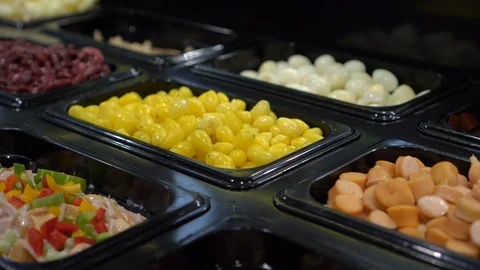 Salad Bar various Fresh Vegetables in supermarket. Stock Footage 111643415