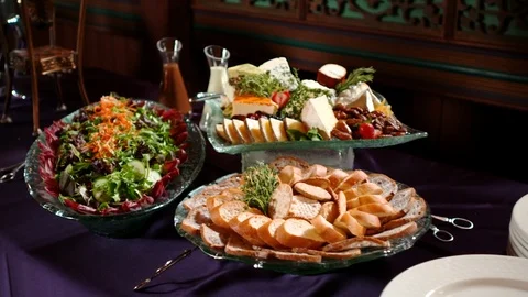 Salad bread and cheese trays. Self serve catering food buffet A Stock Footage 114768015