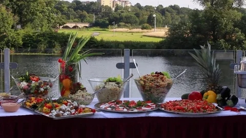 Salad buffett at riverside Stock Footage 75005379