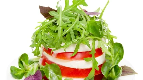 Salad caprese isolated on white background zoom out Stock Footage 75254459
