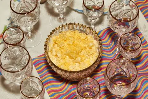Salad from cheese and pineapples  on a table Stock Photos