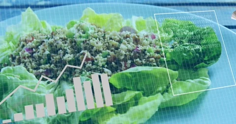 Salad with data graphs and binary code animation overlaying image Stock-Footage 329561278