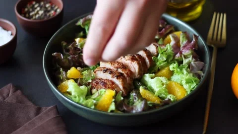 Salad with duck, oranges and nuts. Healthy eating. Diet. Stock Footage 196210957