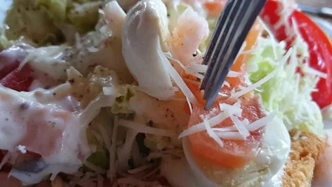 Salad egg, shrimp, red fish, cheese, slow-motion shooting Stock Footage 95267897