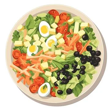 Salad with eggs and olives. Vector illustration in cartoon style Stock Illustration