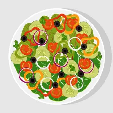 Salad with fresh vegetables in a white flat plate. Tomatoes, cucumbers, onion Stock Illustration