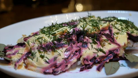 Salad Herring Fish Homemade. Beetroot Parsley green Onion mixed Mayonnaise sauce 스톡 동영상 127716003