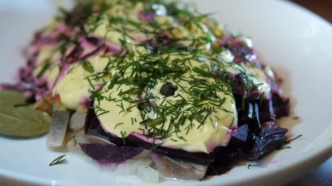 Salad Herring Fish Homemade. Beetroot Parsley green Onion mixed Mayonnaise sauce Stock Footage 127716685