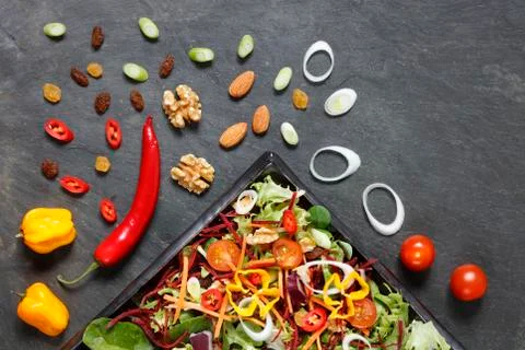 Salad ingredients on slate from above Stock Photos