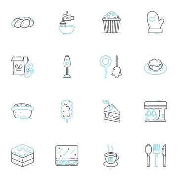 Salad maker linear icons set. Chopper, Slicer, Dicer, Grater, Spinner, Mixer Stock Illustration