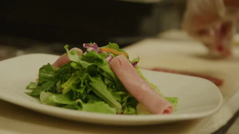 Salad plating italian rolled ham rack in Video stock 238806865