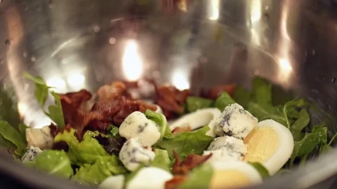 Salad Putting Adding Dropping Ingredients Close Up Vídeo Stock 128493285