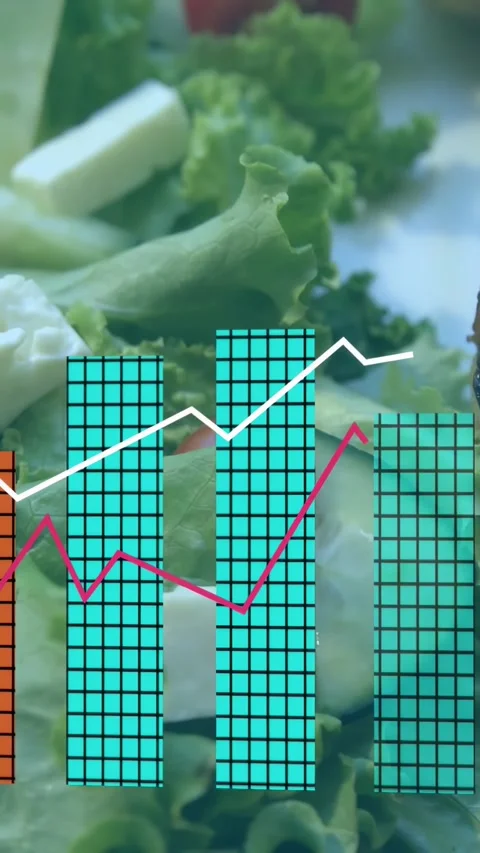 Salad remaining on plate while data overlay appearing from bottom, bars rising Stock Footage 332687601
